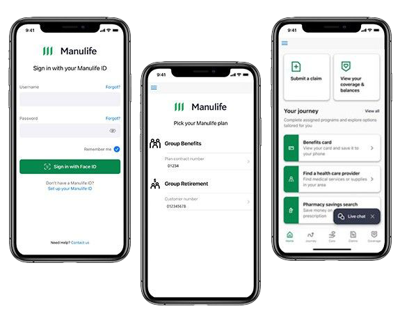 An image of three smartphones displaying various screens of the enhanced Manulife Mobile app: sign-in, plan selection, and an overview of the services accessible from the homepage.