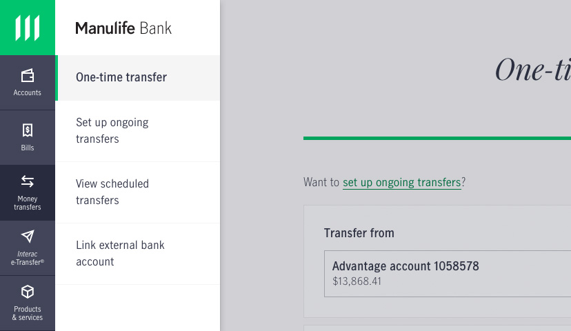 Screenshot showing how to set up a money transfer in online banking.